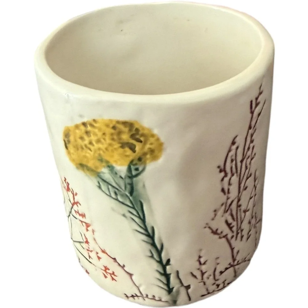 Anthropologie Hand Painted Ceramic Coffee Tea Cup Mug Dagny Monogram J Botanical